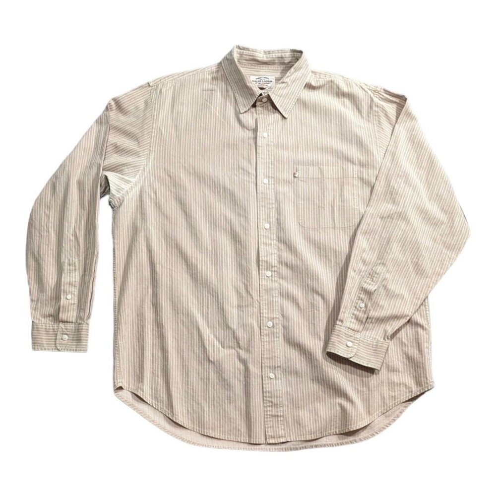Vintage Ralph Lauren Jeans Company Shirt Mens XL Beige Striped 80s 90s Military